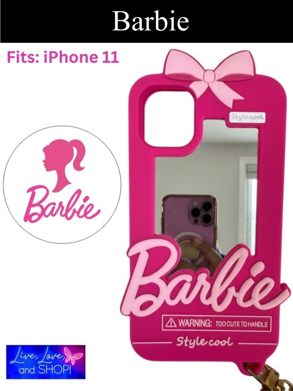 PHONE CASE: Barbie iPhone 11 w/Mirror & Wristlet, EUC